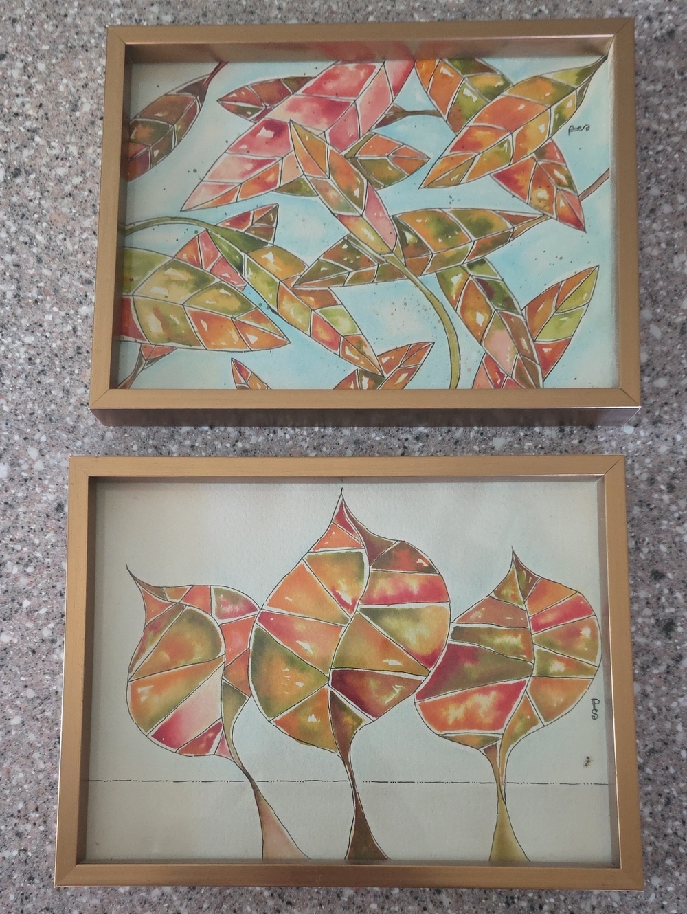 Vintage Framed Abstract Leaf Art - Orange & Green Watercolor Pair